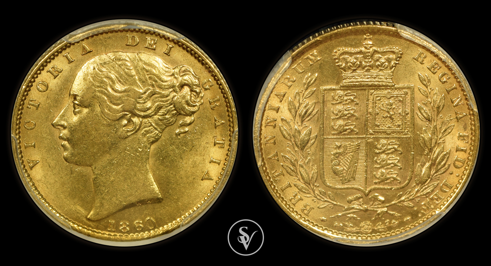 1860 Victoria gold sovereign shield AU58 PCGS Large 0 - Coins and ...